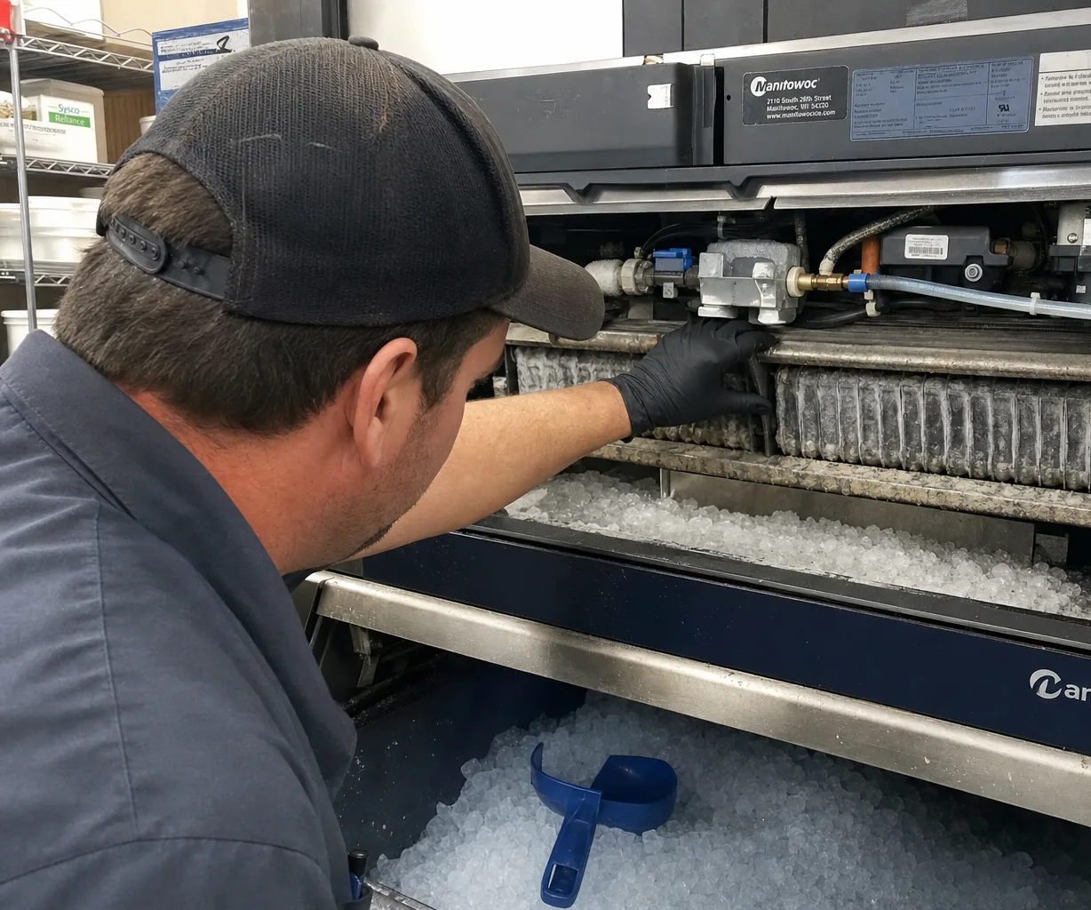 Technician servicing a commercial ice machine during a 24/7 emergency visit