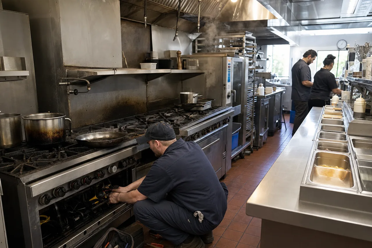 A busy commercial restaurant kitchen in Port Chester with stainless-steel equipment