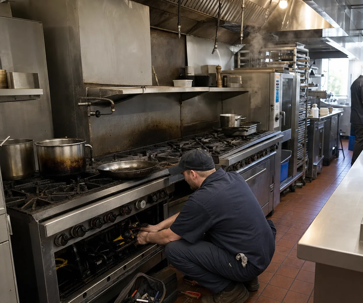 A stainless commercial kitchen line up close