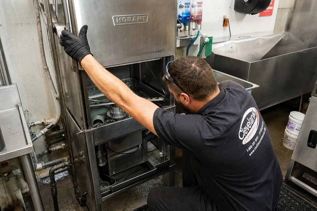 Technician servicing a commercial dish machine mid-repair