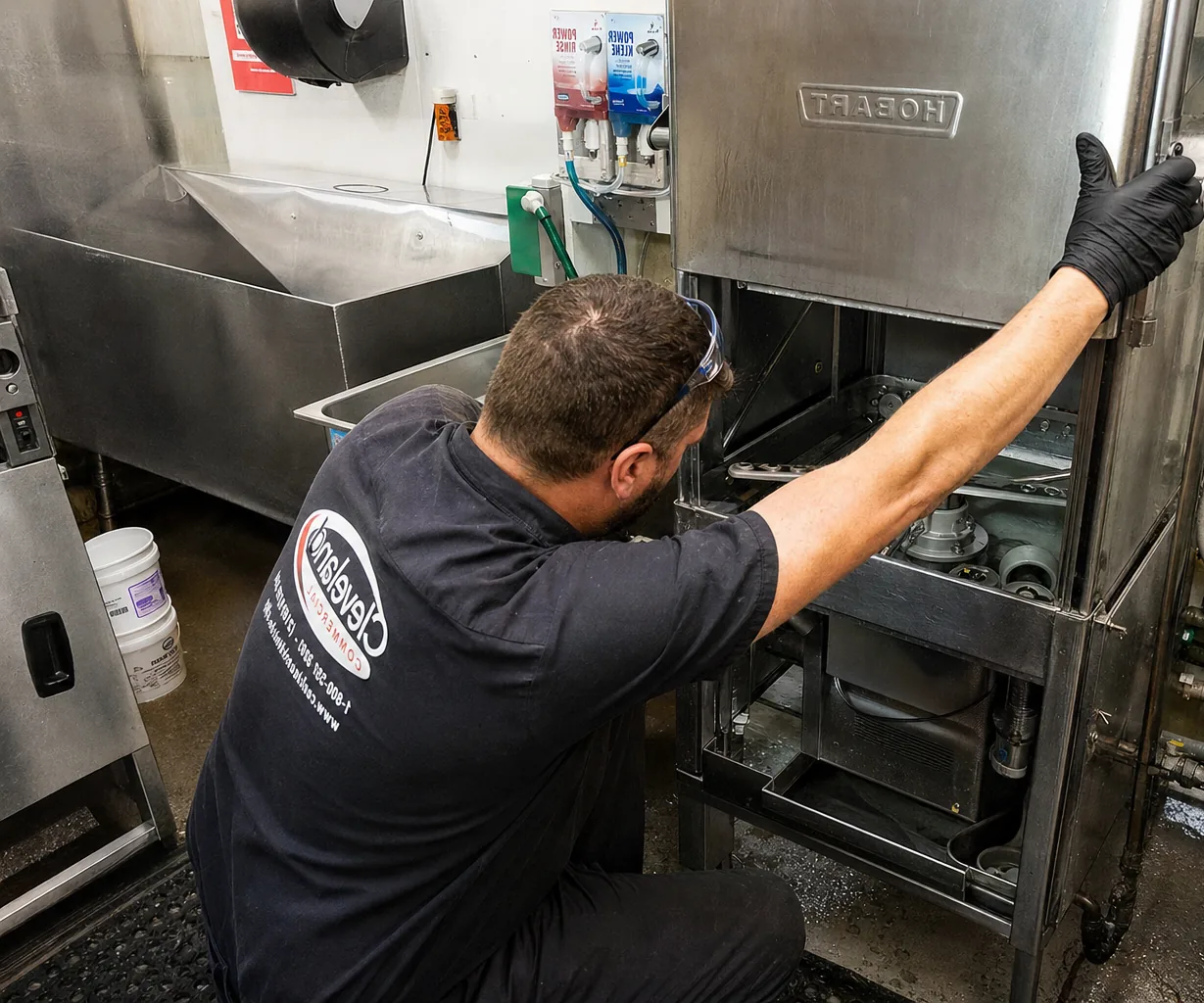 Technician servicing a commercial dish machine mid-repair
