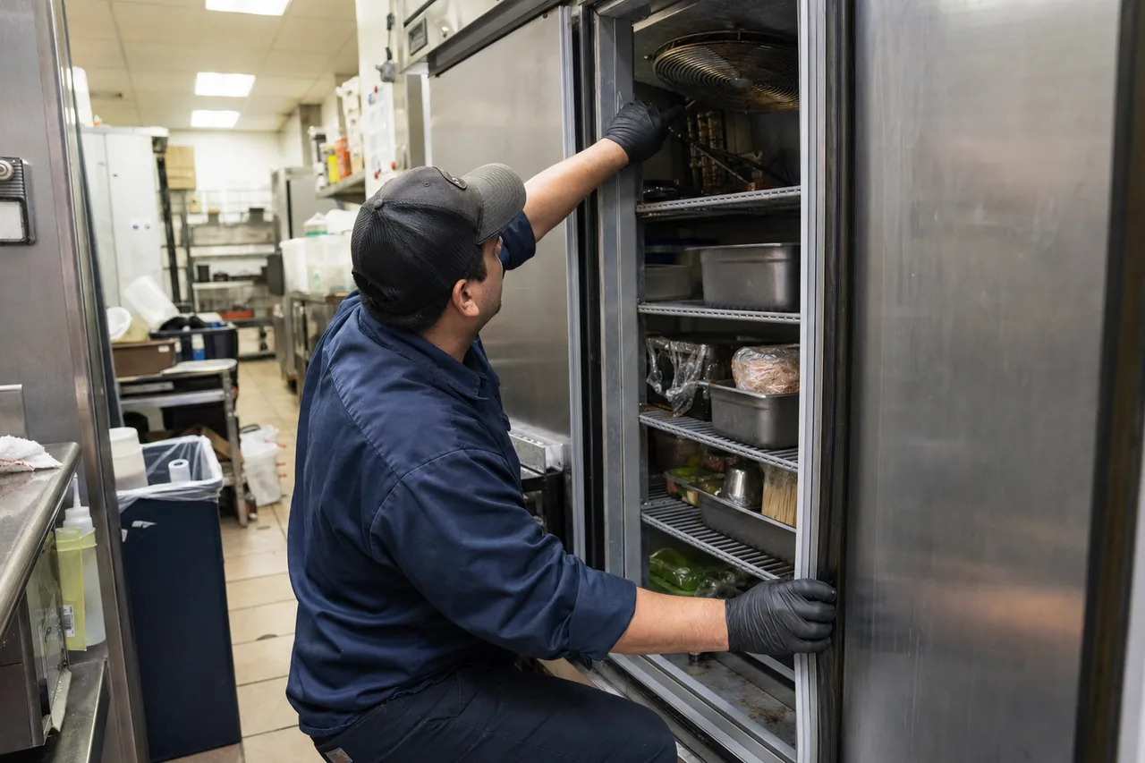 Technician servicing a commercial reach-in refrigerator during a 24/7 emergency visit