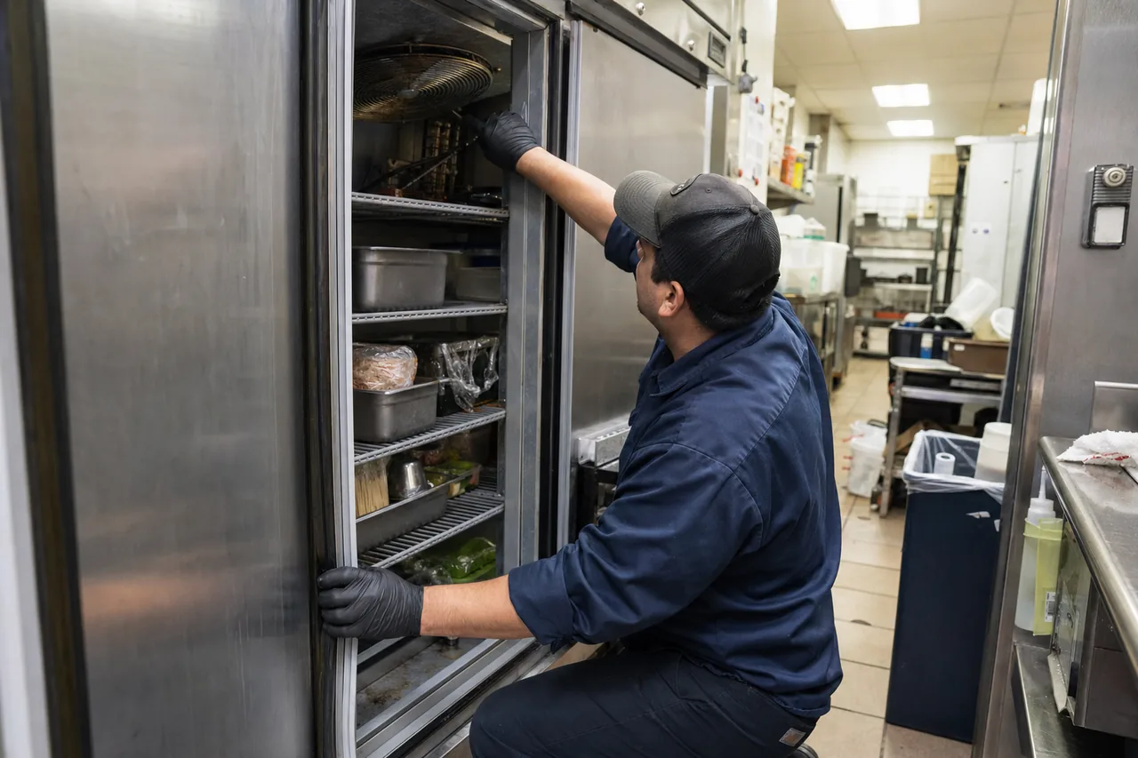 Technician servicing a commercial reach-in refrigerator up close