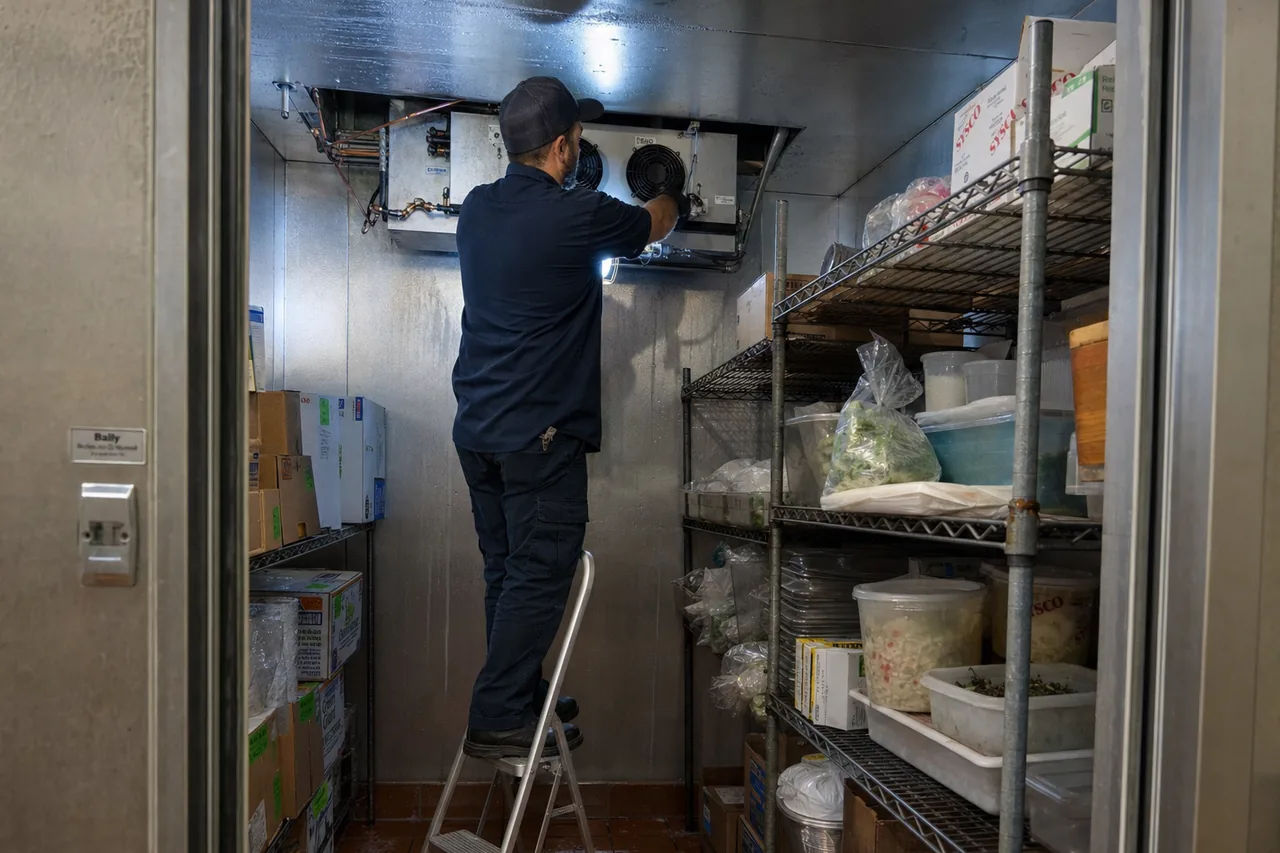 Technician servicing a walk-in cooler on a same-day service call
